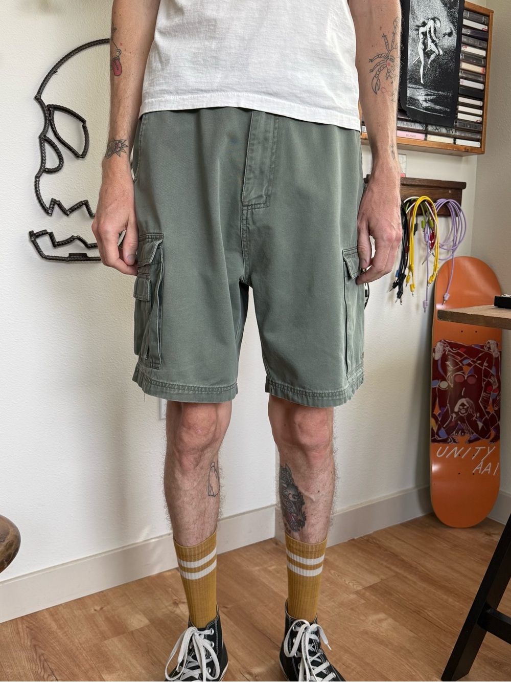 Vintage 90s No Fear Green Cotton Cargo Shorts ~ Size 31